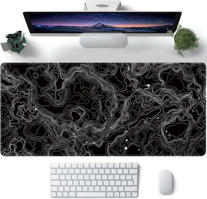 Black with White Topographic Line Large Mouse Pad,Gaming Keyboard Desk Pad,Extended Mouse Mat Non-Slip Rubber Base with Stitched Edges for Office Game Home XXL 35.4"x15.7"