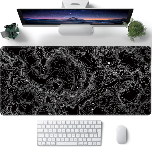 Black with White Topographic Line Large Mouse Pad,Gaming Keyboard Desk Pad,Extended Mouse Mat Non-Slip Rubber Base with Stitched Edges for Office Game Home XXL 35.4"x15.7"
