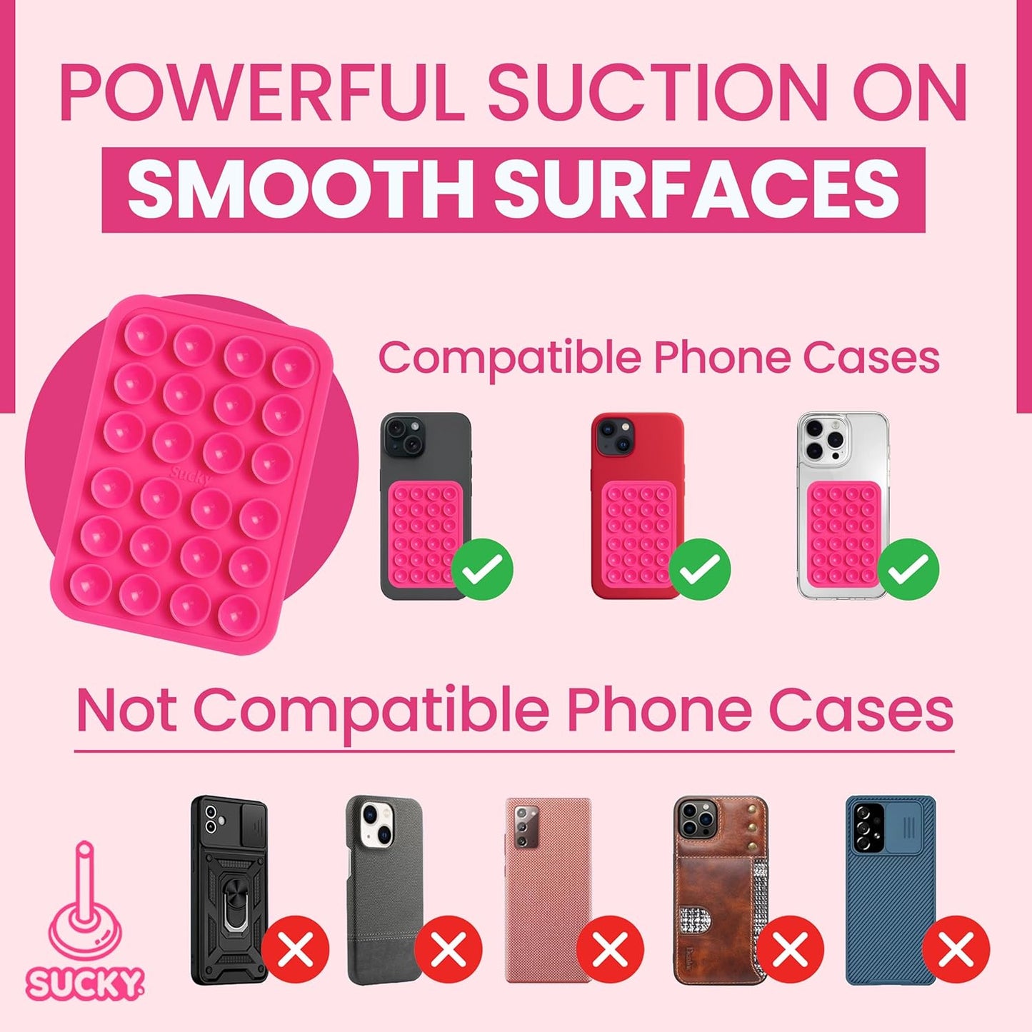 SUCKY Silicone Suction Phone Case Adhesive Octo Cup Buddy Mount - Anti-Slip Holder, Hands-Free Phone Accessory for iPhone & Android - Sticky Grip for Selfies, Videos - Hot Pink