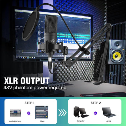 Condenser Microphone XLR Professional Studio Recording Microphone Kit for PC Computer with Boom Arm,Cardioid XLR Podcast Microphone for Streaming,Gaming,Singing,Voice Over,ASMR,YouTube