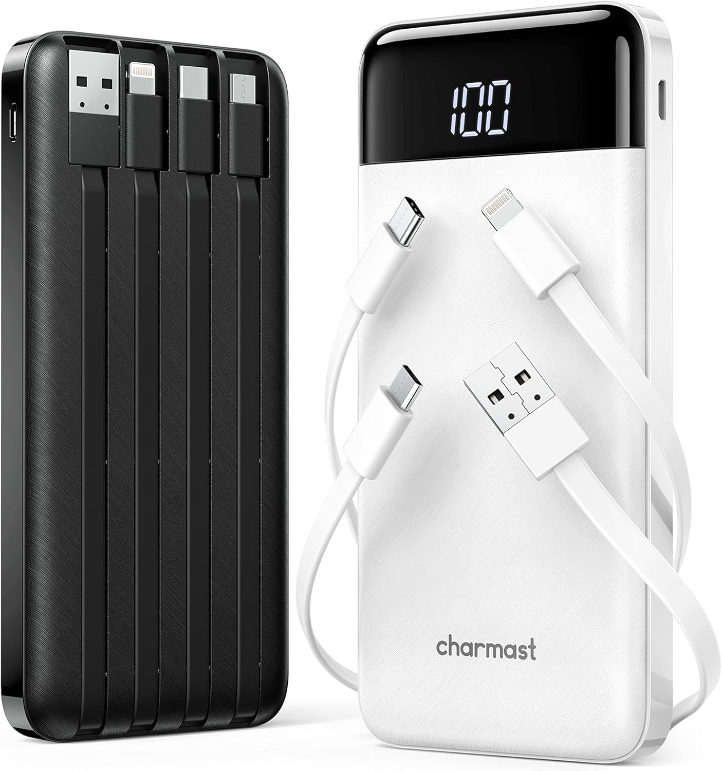 2 Packs Portable Chargers with Built in Cables, 2PCS Slim 10000mAh Travel Essentials Battery Pack 6 Outputs 3A Power Banks for iPhone Samsung Pixel LG Moto iPad