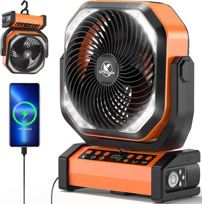 Camping Fan with Light - 20000mAh Rechargeable Battery Fan, 112Hrs Max Run Time, 8 Speeds, Digital Display, Timer, Auto Oscillation, 270° Pivot & Hook for Camping, Power Outage, Hurricane (Orange)