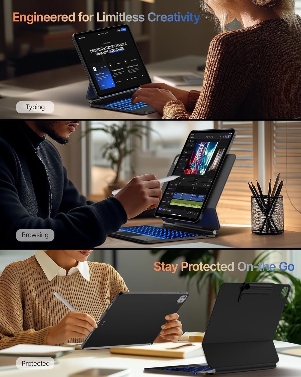 typecase Edge+ Keyboard Case for 2024 iPad Pro 13-inch (M4), Ultra-Slim Detachable Protective Case, Portrait & Typing Modes, Built-in Trackpad, 11-Color Backlight, Magnetic Stand, Pencil Holder, Black