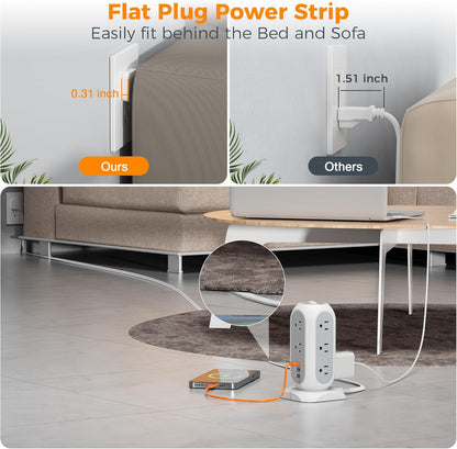Surge Protector Power Strip Tower 10 Ft, TESSAN Flat Plug Extension Cord with 11 AC Multiple Outlets 3 USB Ports (1 USB C), 1050J Desk Charging Station for Home, Office Supplies, Dorm Room Essentials