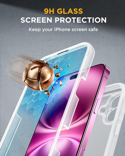 Miracase for iPhone 16 Case 6.1'', [Bubble Free] Full-Body Bumper Phone case with Built-in Full Glass Screen &Camera Control,No Gap,Compatible with MagSafe,Drop Proof 16 Cover,Matte Clear