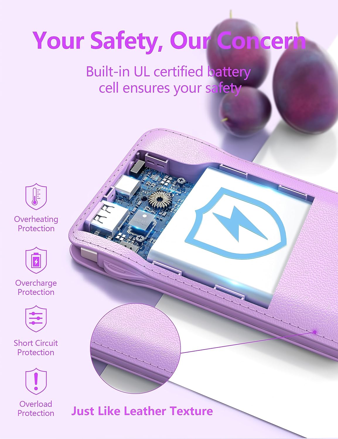 10000mAh Portable Phone Charger with Built-in 2 Cables, Small Slim Mini Power Bank Fast Charging, USB-C In/Output External Battery Pack, Travel Essentials Compatible with Android/IOS Phones