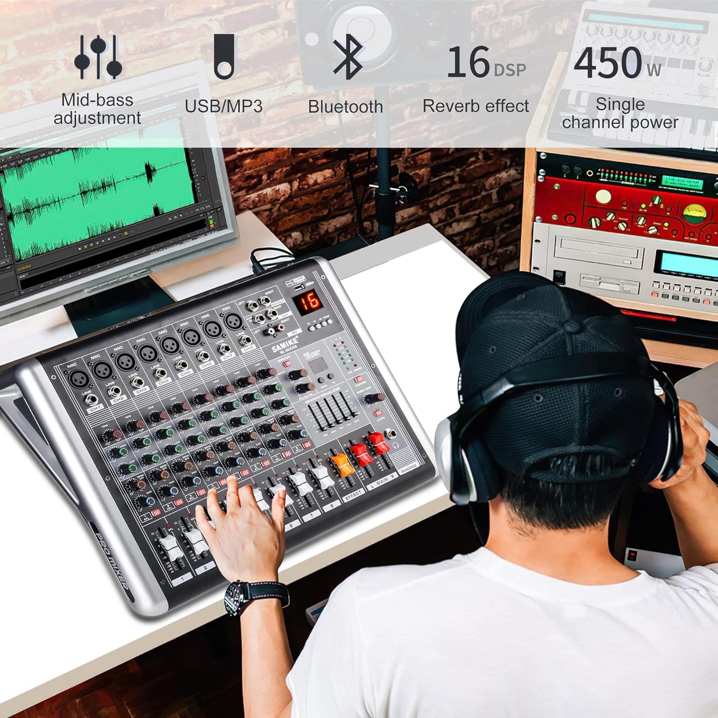 Mixers Audio 8 Channel Mixer Power Mixer Amplifier 2 * 300 Watt Output Dj Mixer Board with 16 Kinds of DSP Reverb Sound Mixers for Speakers