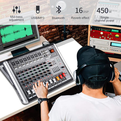 Mixers Audio 8 Channel Mixer Power Mixer Amplifier 2 * 300 Watt Output Dj Mixer Board with 16 Kinds of DSP Reverb Sound Mixers for Speakers