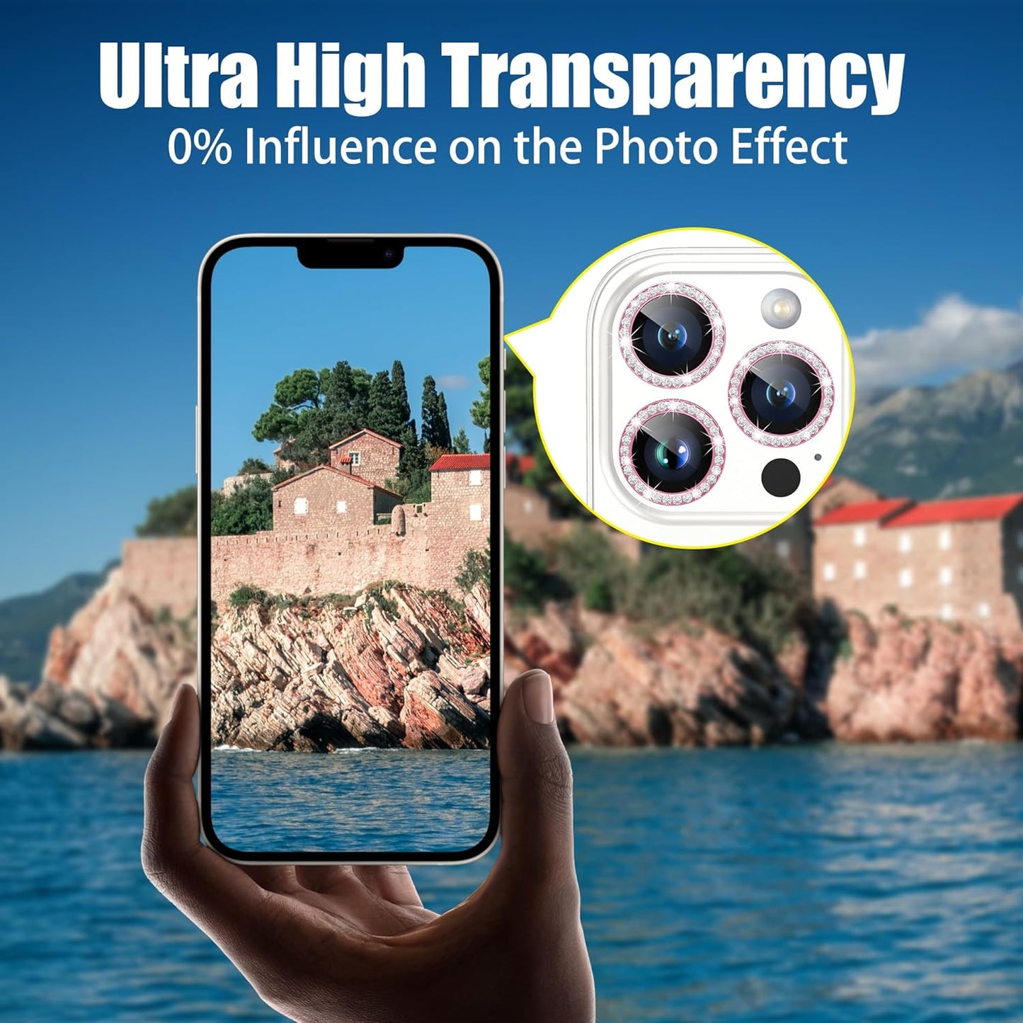 AGVEE 3+3 6 Pack for iPhone 15 Pro 6.1" / 15 Pro Max 6.7" Camera Lens Cover Protector, Bling Diamond & Bling Glitter Metal Ring 9H Tempered HD Glass Camera Cover Protector Film, Bling-Pink