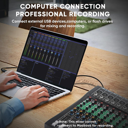 6 Channel Audio Mixer, Professional DJ Mixer Board Sound Music Mixing Console Digital Mixer with Reverb, Bluetooth, USB Port, 48V Phantom Power for Recording Karaoke Podcasting