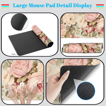 Cute Floral Desk Mat Pastel Roses Gaming Mouse Pad XXL Large Extended Flowers Desk Pad, Laptop Keyboard and Mouse Mat with Stitched Edges, Women Computer Desktop Mat Gamer Playmat 31.5x15.7 in