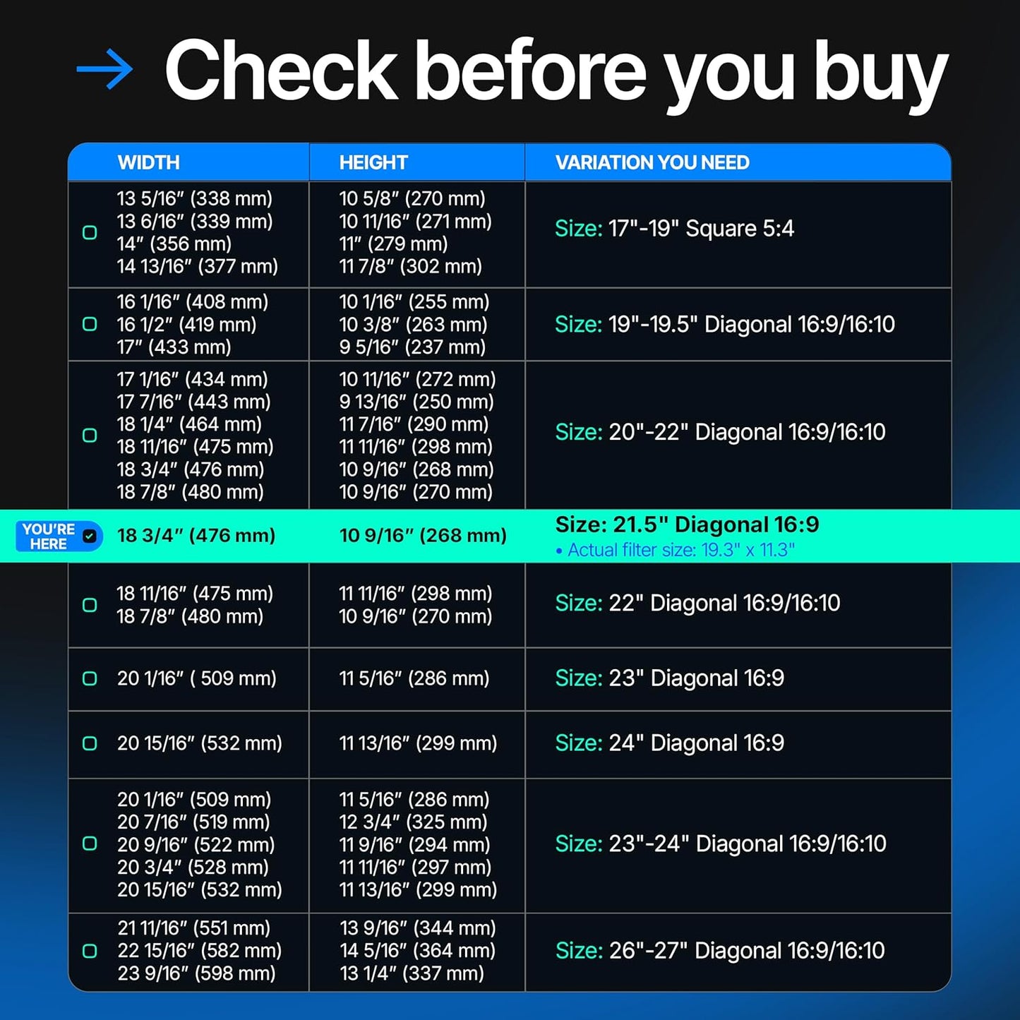 Acrylic 21.5 Inch Computer Privacy Screen Filter for Widescreen Computer Monitors - 19.3" x 11.3" (491 x 288mm) - Monitor Frame Hanging Type