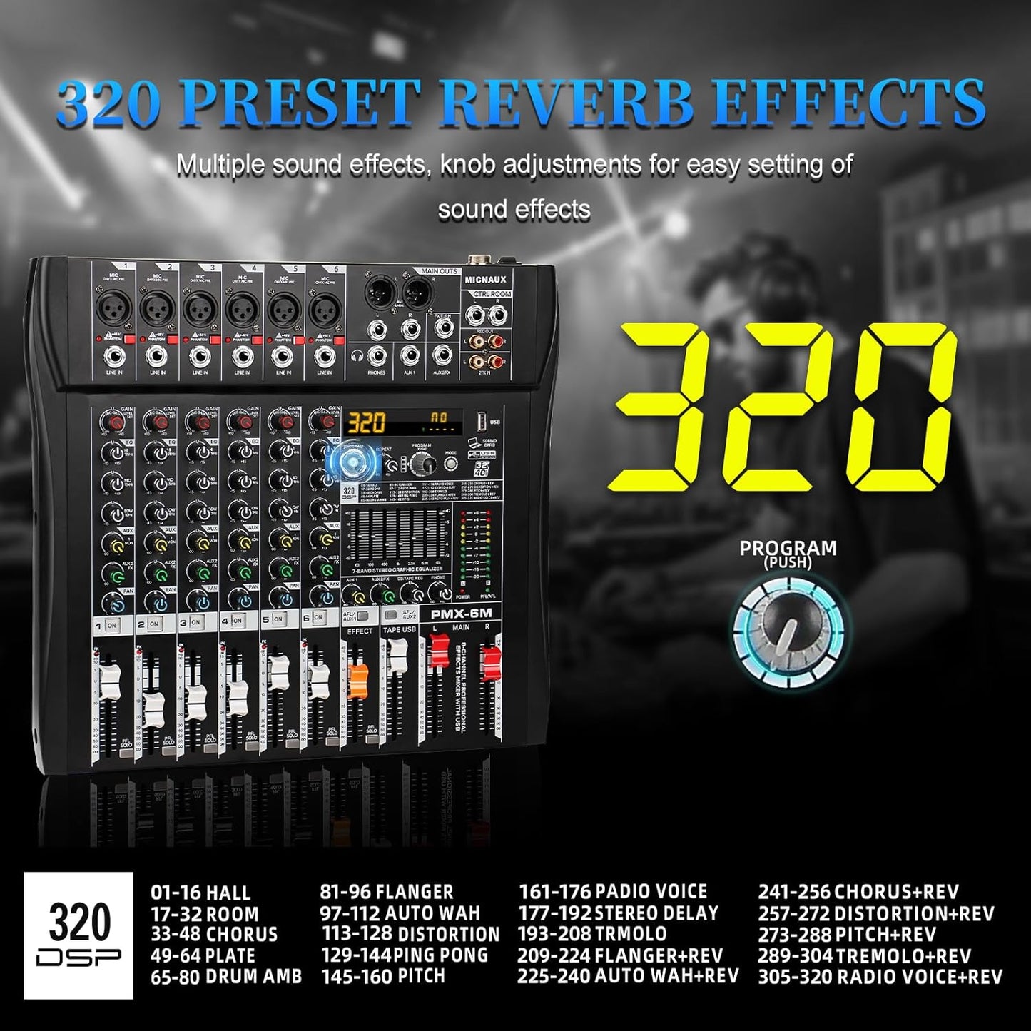 Audio Mixer 6 Channel Professional Mixer Console with 320 DSP Effects, 7-band EQ Sound Mixing Board Digital DJ Mixer w/USB Bluetooth MP3 for Recording, Independent 48V Power & Mute Button