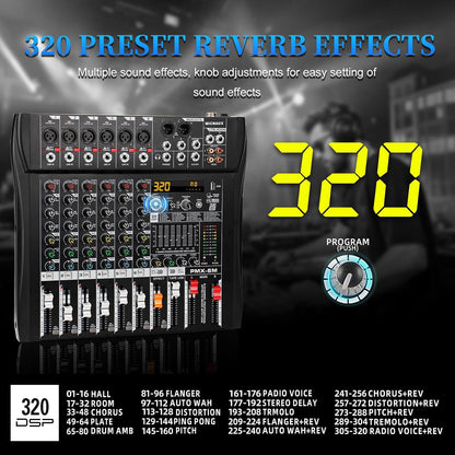 Audio Mixer 6 Channel Professional Mixer Console with 320 DSP Effects, 7-band EQ Sound Mixing Board Digital DJ Mixer w/USB Bluetooth MP3 for Recording, Independent 48V Power & Mute Button