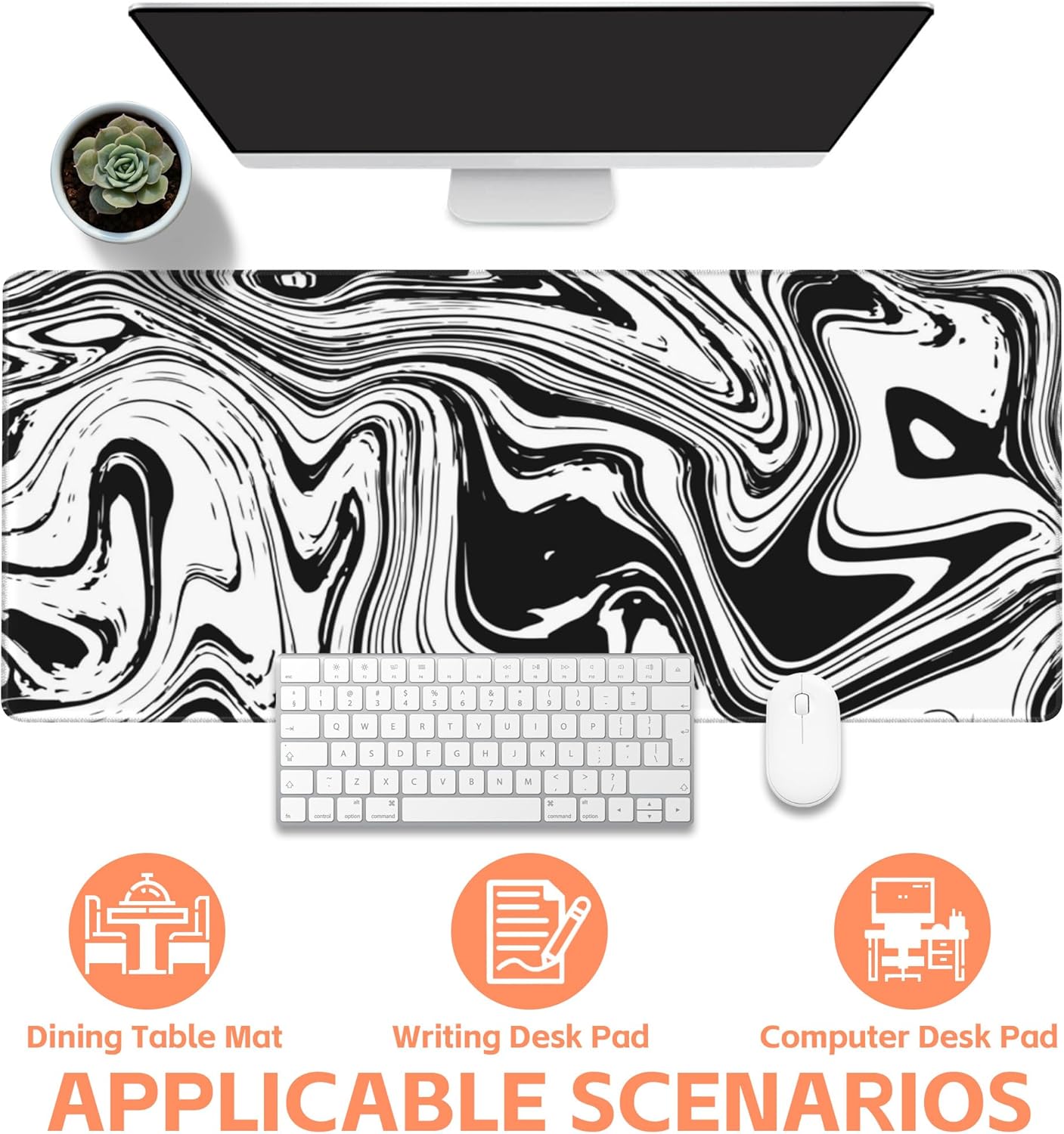 Mouse Pad Large Black and White Fluid Non-Slip Gaming Desk Mat with Stitched Edge Laptop Keyboard Desk Pad for Work Home Gaming (35.4 x 15.7 Inches)