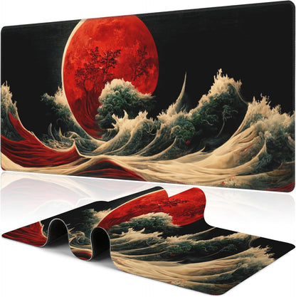 Red Moon Above The Sea Desk Mat,Large Chinese Style Landscape Gaming Keyboard Mouse Pad,Non-Slip Rubber Base Desk Pad Thick Stitched Edges Waterproof Mousepad Mouse Mat 31.5"x11.8"