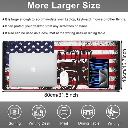Mouse Pad, Large Vintage USA Flag with Tractor Desk Mat, Extended Non-Slip Gaming Keyboard Mousepad Desk Pad, Thick Stitched Edges Waterproof Mouse Mat 31.5"x15.7" (Retro American Flag)