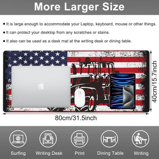 Mouse Pad, Large Vintage USA Flag with Tractor Desk Mat, Extended Non-Slip Gaming Keyboard Mousepad Desk Pad, Thick Stitched Edges Waterproof Mouse Mat 31.5"x15.7" (Retro American Flag)