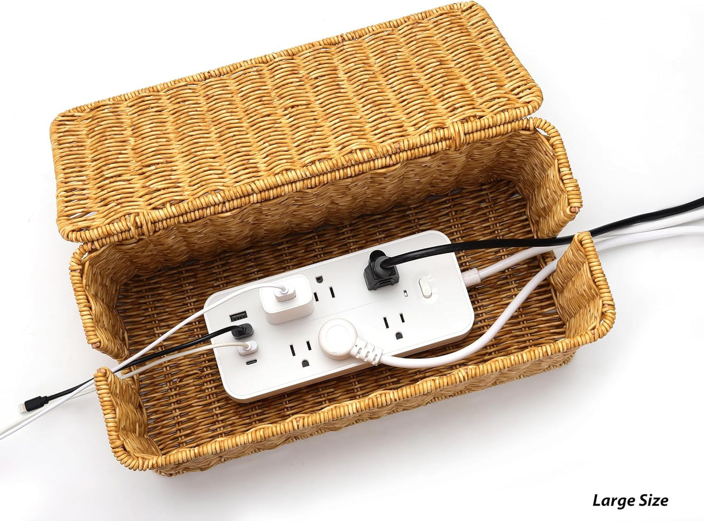 2Pack Large Cable Management Box, Handwoven Imitation Rattan Cord Organizer Cord Hider Box, Desk Wire Management to Hide Cords and Power Strips, Natural