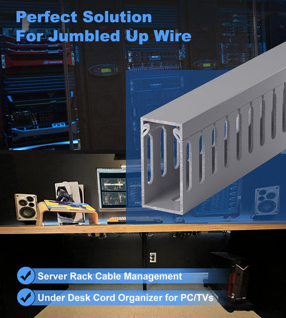 ZhiYo H2in x W1in Server Rack Cable Management Raceway, 99in (6X L16.5in) Cable Raceway Kit, Electrically Safe PVC Open Slot Wire Cover, Cord Hider for Under Desk/Computer/Network Cords, Grey