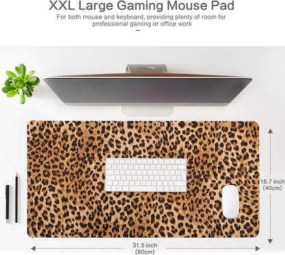 Lokigo Leopard Print Desk Pad, Brown Large Gaming Mouse Pad, Waterproof Rubber Base Mousepad for Desk with Stitched Edges DeskMatt for Laptop Gaming Office Work Study, 31.5"x15.7", Cheetah