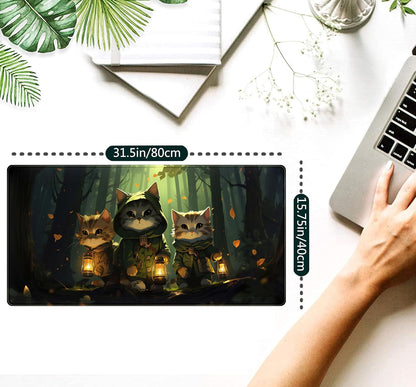Forest Cats Desk Mat Anime Cat Desk Pad Cute, Kawaii Green Mouse Pad XXL, Large Extended Gaming Mousepad Keyboard Mouse Mat with Stitched Edges, Home Office Decor Pad for Women Girl 31.5x15.75 in