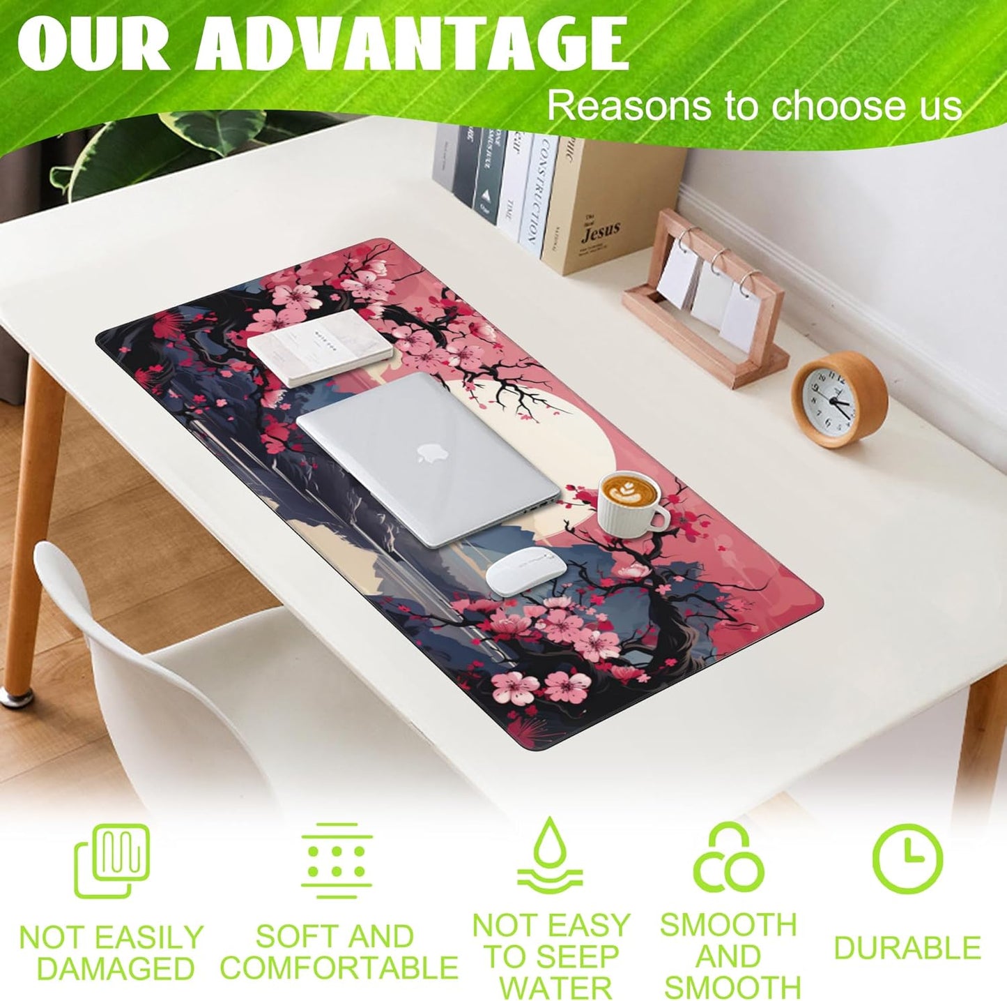 Desk Pad,Pink Cherry Blossom Tree Desk Mat,Mountains and Sun Large Gaming Mouse Pad for Desk,Extended Big Computer Keyboard Mouse Pad with Non-Slip Base and Stitched Edge,35.4"x15.7"