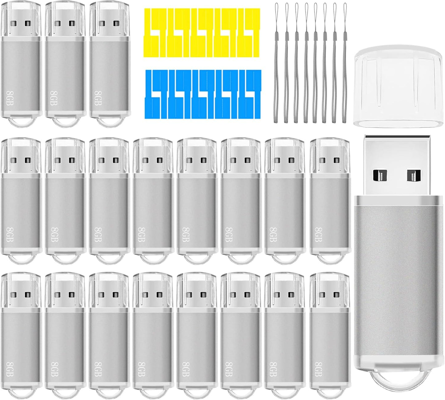 USB Thumb Drive 8GB Flash Drives 20 Pack, Nicepicten Memorias USB 2.0 Memory Stick FAT32 Flash Zip Drive 8 GB Jump Drives Multipack Pendrive with Landards and Lables (Sliver 8GB, 20 Pieces)