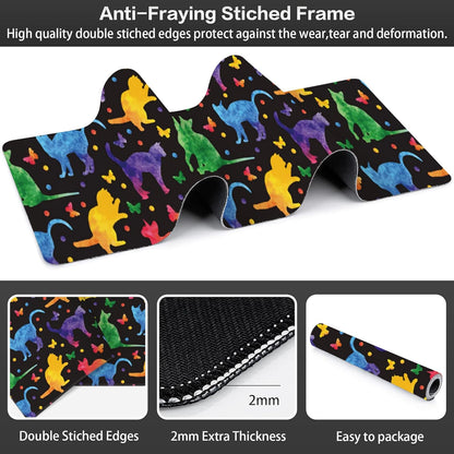 Colorful Cats and Butterflies Desk Mat,Large Watercolor Kittens Butterfly Gaming Keyboard Mouse Pad,Non-Slip Rubber Base Desk Pad Thick Stitched Edges Waterproof Mousepad Mouse Mat 31.5"x11.8"