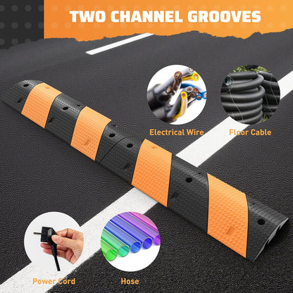 Rengue Rubber Speed Bumps 2-Pack 39.3'' Black Yellow Dual-Channel Driveway Protector for Wires Pipes, 66000 LB Heavy Duty Traffic Calmer for Road Gravel Installation