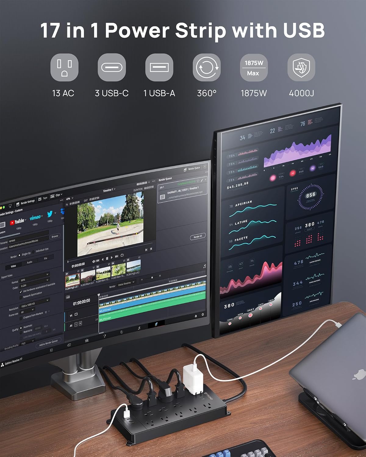 TROND 360° Rotating Flat Plug, Surge Protector Power Strip, 13AC Widely Spaced Outlets Expansion with 3 USB C Ports, 4000J, 15ft Extension Cord Heavy Duty, Wall Mount, Under Desk, ETL Listed, Black