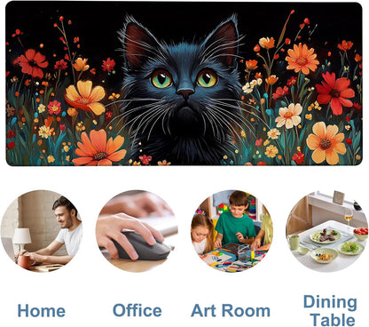 Black Cat and Flowers Gaming Mouse Pad 3mm Thick Stitched Edge Waterproof Non-Slip Large Computer Keyboard Mouse Mat,Suitable for Office Entertainment Decorative Desk Pad 35.4 x 15.7 Inches