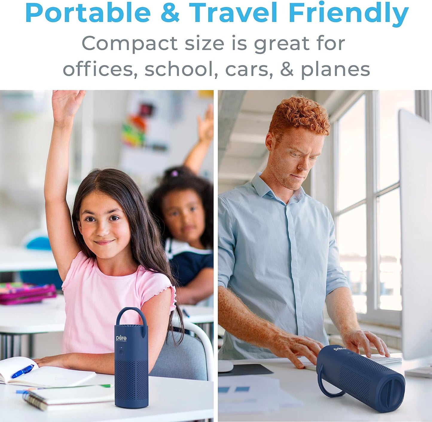 Pure Enrichment PureZone Mini Portable Air Purifier - Cordless True HEPA Filter Cleans Air & Eliminates 99.97% of Dust, Odors, & Allergens Close to You - Cars, School, & Office (Blue)