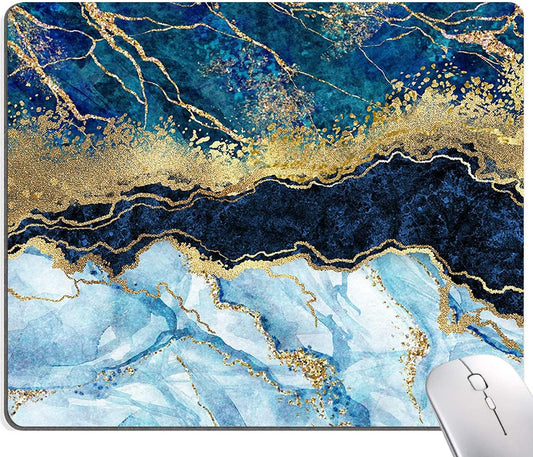 Mouse Pad, Marble Mouse Pad, Premium-Textured Mouse Mat Square Waterproof Non-Slip Rubber Base Computer Mousepad for Office Laptop Desk, Blue Gold Cracked Marbling