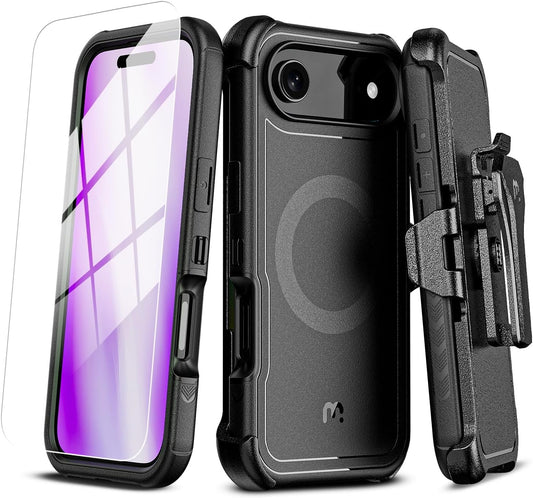 M MYBAT PRO for iPhone Air Case with Belt Clip Holster, [Compatible with Magsafe] w/Screen Protector, Anti-Drop, Shockproof, w 360°Rotating Kickstand,Heavy Duty Protection (Black)