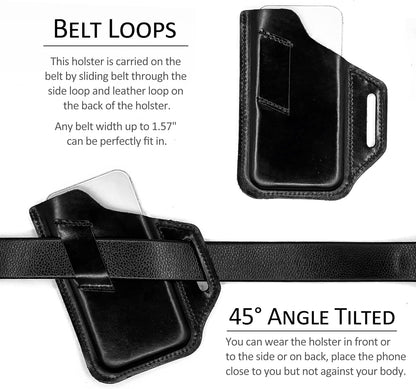 TobbinGear Leather Belt Phone Pouch, Leather Cell Phone Holster, Universal Phone Case with Belt Loops, for Men and Women Large Black