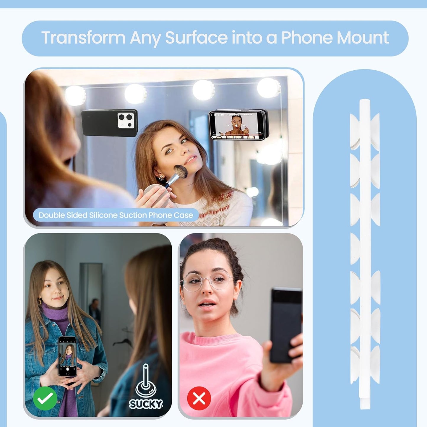 SUCKY Double Sided Suction Phone Octo Cup Buddy Mount - Anti-Slip Holder, Hands-Free Phone Accessory for iPhone and Android - Sticky Grip for Selfies, Videos - Clear