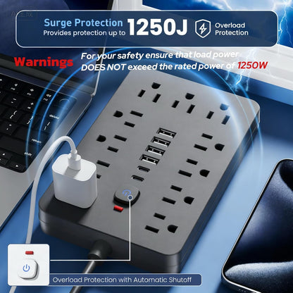 2PCS 5 FT Flat Plug Surge Protector Power Strip,11 Multiple AC Outlets with 6 USB Ports (2 USB C), 5 Feet Extension Cord, 1250W/10A, One Touch Switch Button, 17 in 1 Compact powerstrip