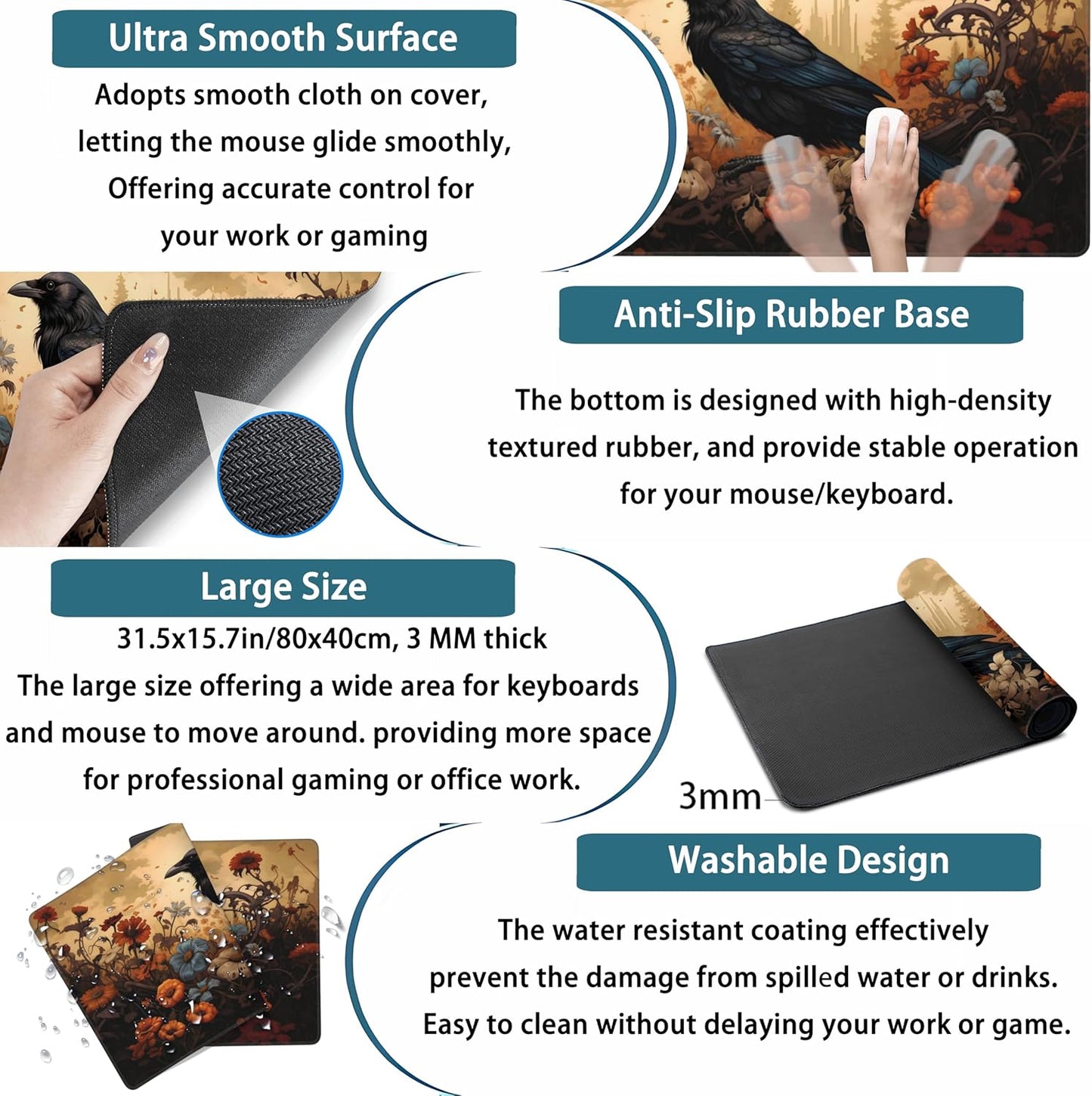 Anime Crow Kawaii Desk Mat Cute Retro Floral Mouse Pad Gaming Desk Pad XXL Large Desk Matt for Desktop Computer Mousepad, Laptop Keyboard Mouse Mat Office Decor Accessories for Women, 31.5x15.75 in