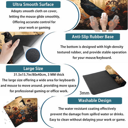 Anime Crow Kawaii Desk Mat Cute Retro Floral Mouse Pad Gaming Desk Pad XXL Large Desk Matt for Desktop Computer Mousepad, Laptop Keyboard Mouse Mat Office Decor Accessories for Women, 31.5x15.75 in