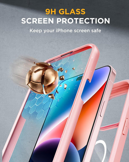 Miracase Glass Series for iPhone 15 Case [Compatible with MagSafe] Full-Body Magnetic Case with Built-in 9H Tempered Glass Anti-Fingerprint Screen Protector + Camera Lens Protector, Baby Pink