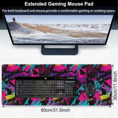 Abstract Grunge Elements Desk Mat,Large Neon Color Patterns Gaming Keyboard Mouse Pad,Non-Slip Rubber Base Desk Pad Thick Stitched Edges Waterproof Mousepad Mouse Mat 31.5"x11.8"