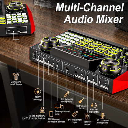 Podcast equipment bundle with live sound card audio mixer, podcast equipment with 3.5mm microphone, soundboard for phone, computer, live streaming, singing, recording, and content creation.