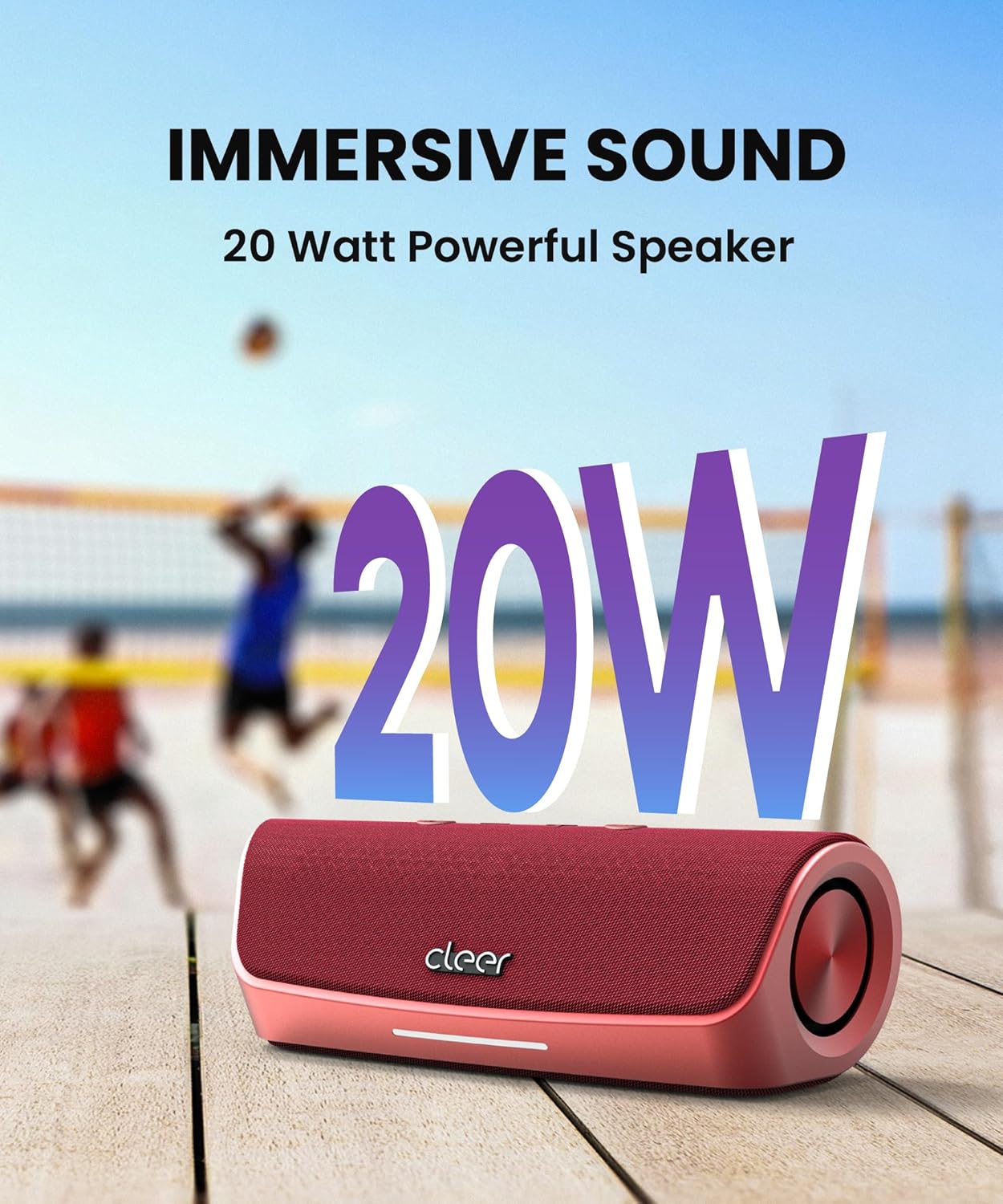 Cleer Scene Portable Bluetooth Speaker,IPX7 Waterproof,Powerful Sound and Deep Bass,Built-in Echo and Noise Canceling Microphone,12 Hours Battery,for Office,Home,Outdoors and Travel-Red