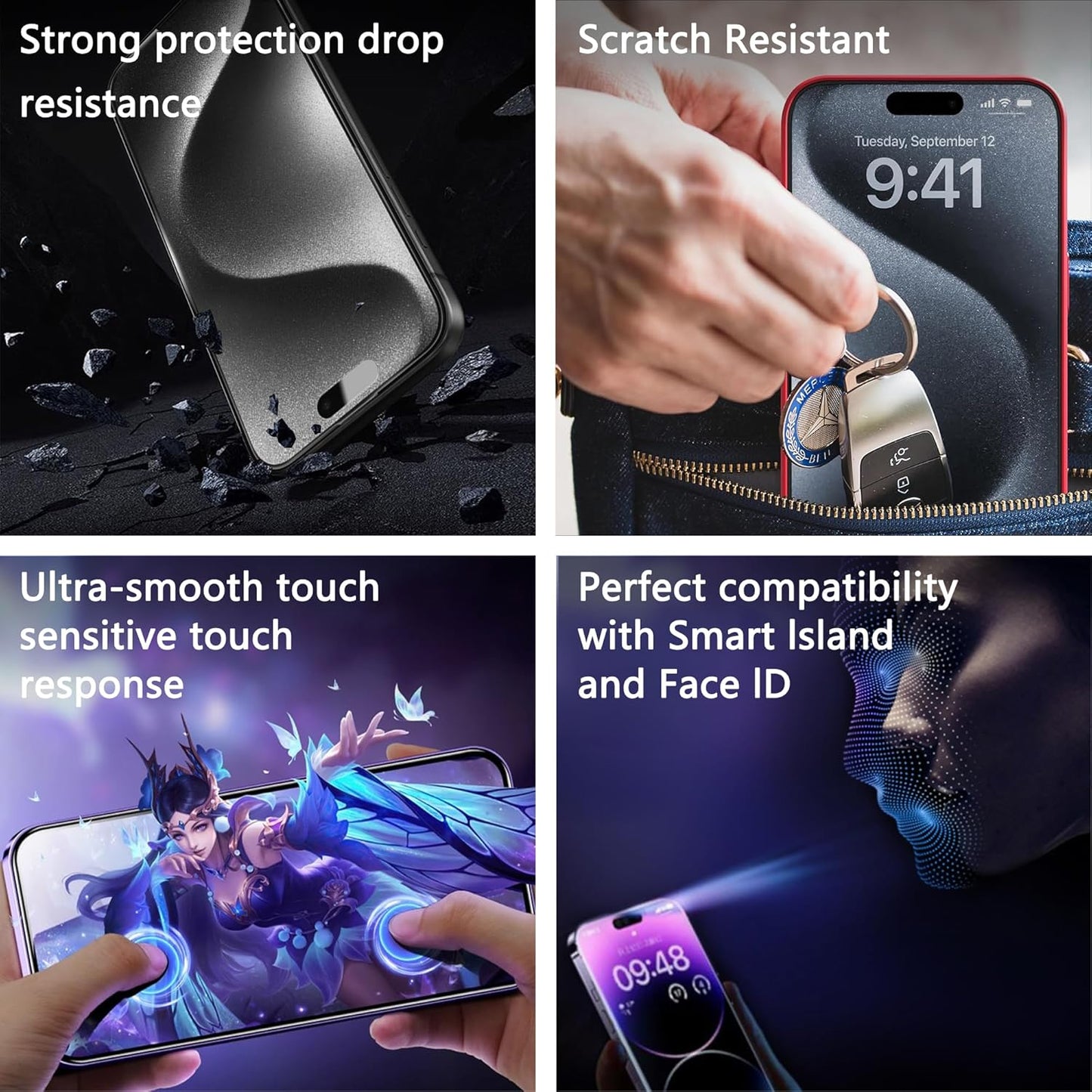 2 Pack Matte Screen Protector for iPhone 14 Pro/iPhone 15 / iPhone 16,9H Tempered Glass,Full Coverage,Anti-Fingerprint,Auto Dust-Elimination,No Bubble,Easy Installation