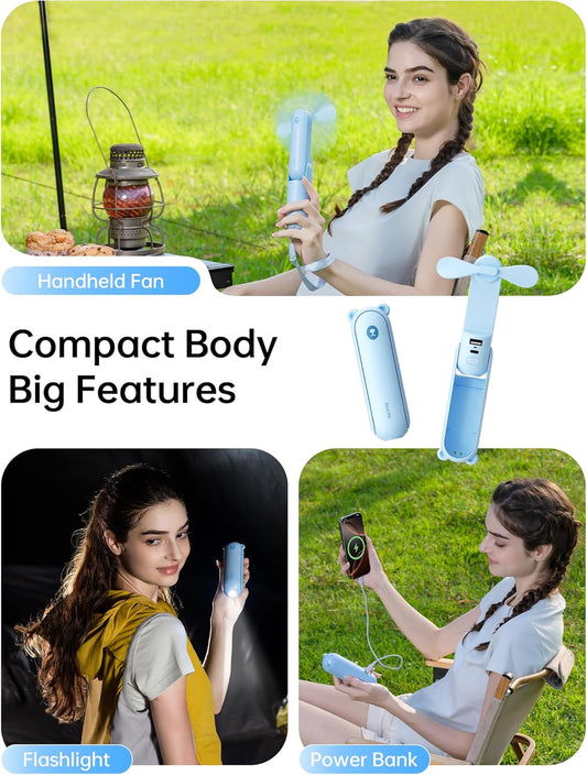 JISULIFE Handheld Fan with 4500 mAh Powerbank Max 37 Hours Runtime, Pocket Portable Battery Operated or USB Powered Folding Personal Fan, 3 Speeds, Gifts for Women Men Kids Gift for Festival-Blue
