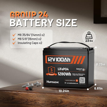 12V 100Ah LiFePO4 Lithium Battery with Bluetooth - 2PCS, BCI Group 24 15000+ Deep Cycle Battery, Built-in 100A BMS & Low-Temp Protection, for RV/Marine/Trolling Motor/Off-Grid/Home Backup