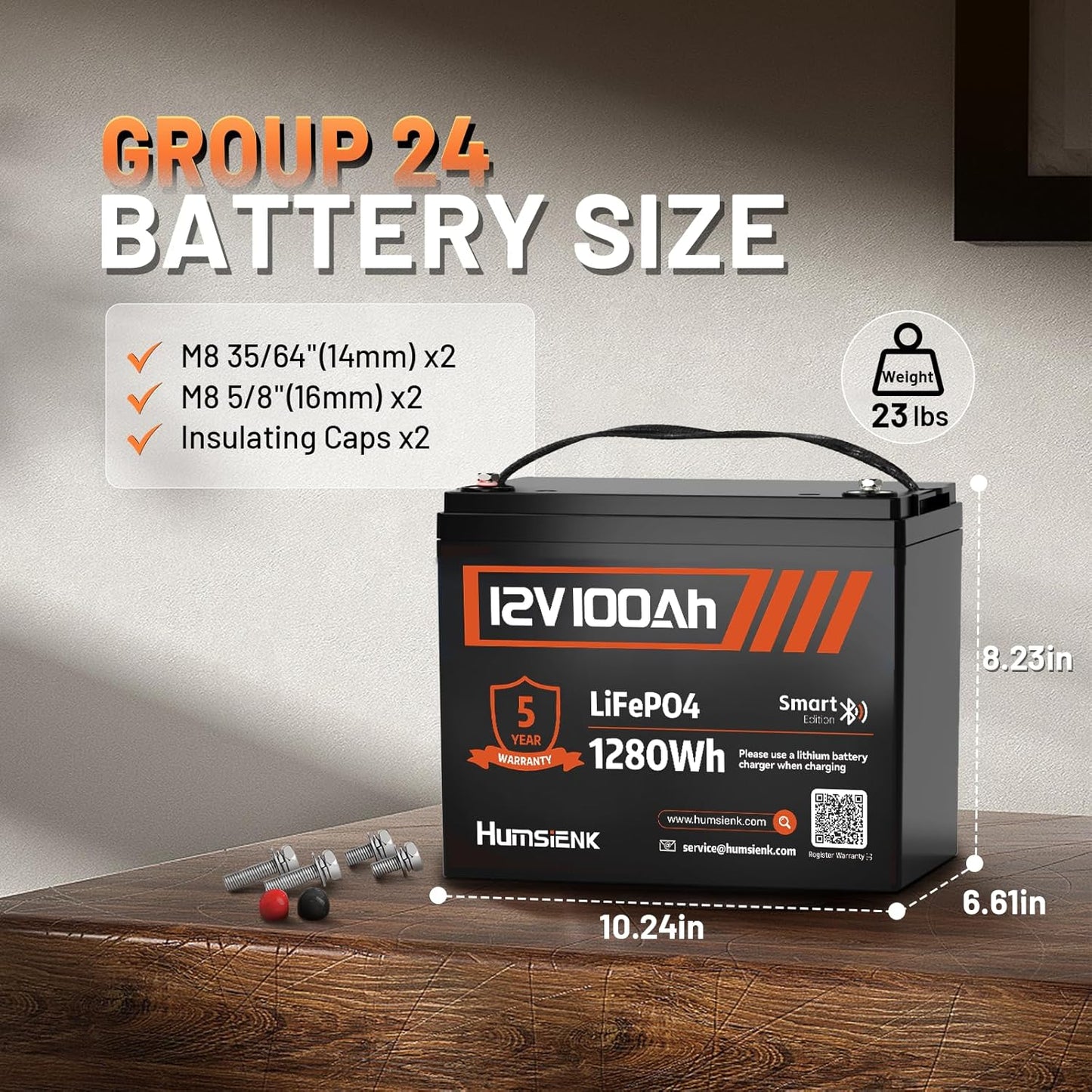 12V 100Ah LiFePO4 Lithium Battery with Bluetooth - BCI Group 24 15000+ Deep Cycle Battery, Built-in 100A BMS & Low-Temp Protection, for RV/Marine/Trolling Motor/Off-Grid/Home Backup