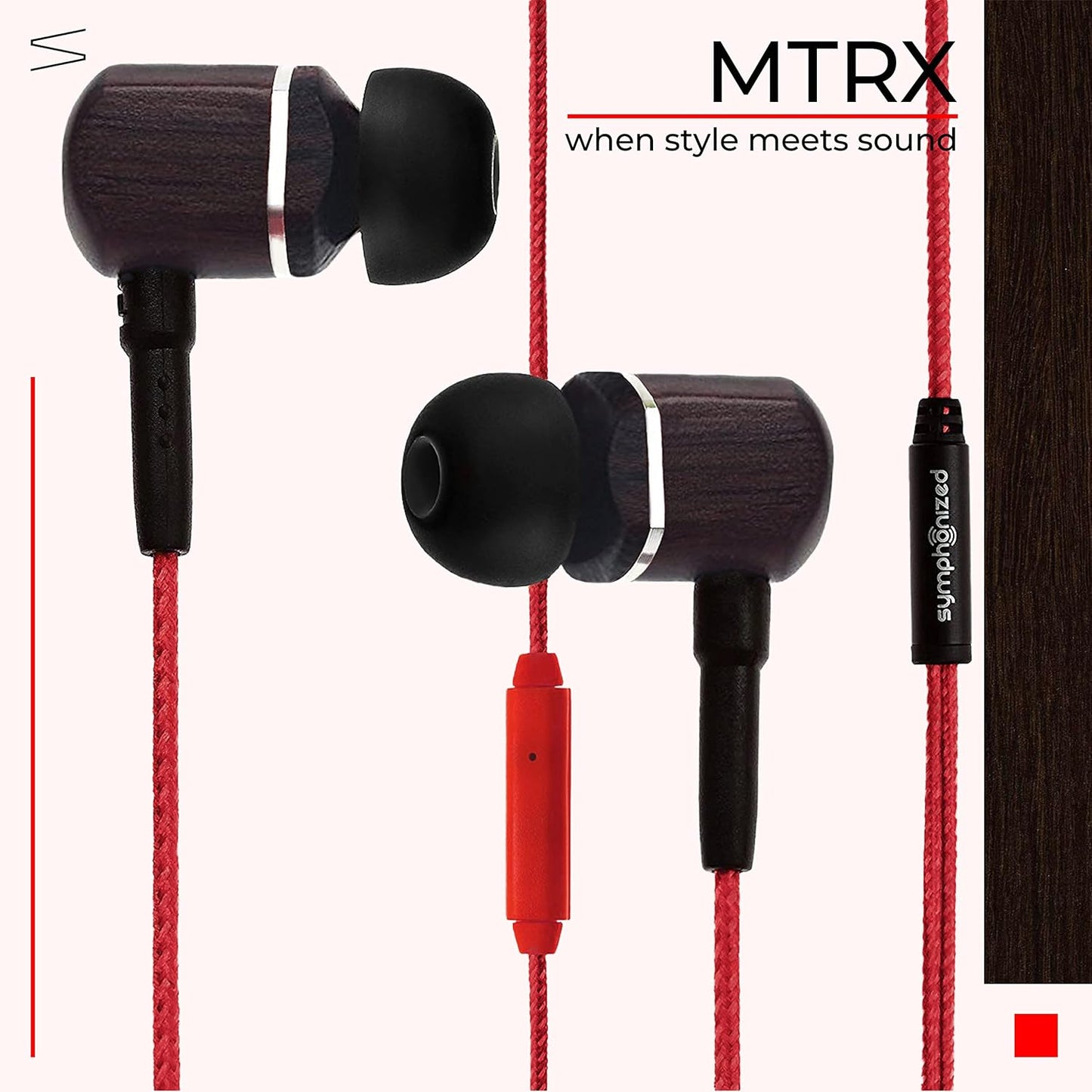 Symphonized MTRX Premium Genuine Wood In-ear Noise-isolating Headphones with Mic and Nylon Cable (Red)