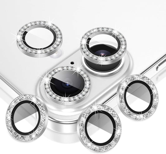 AGVEE 3+3 6 Pack for iPhone 16 6.1" / 16 Plus 6.7" Camera Lens Cover Protector, Bling Diamond & Bling Glitter Metal Ring 9H Tempered HD Glass Camera Cover Protector Film, Bling-Silver